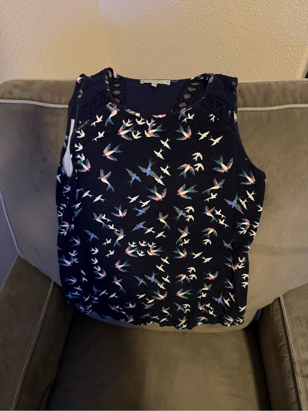Daniel Rainn Navy Sleeveless Tank with Multicolor Bird Print
